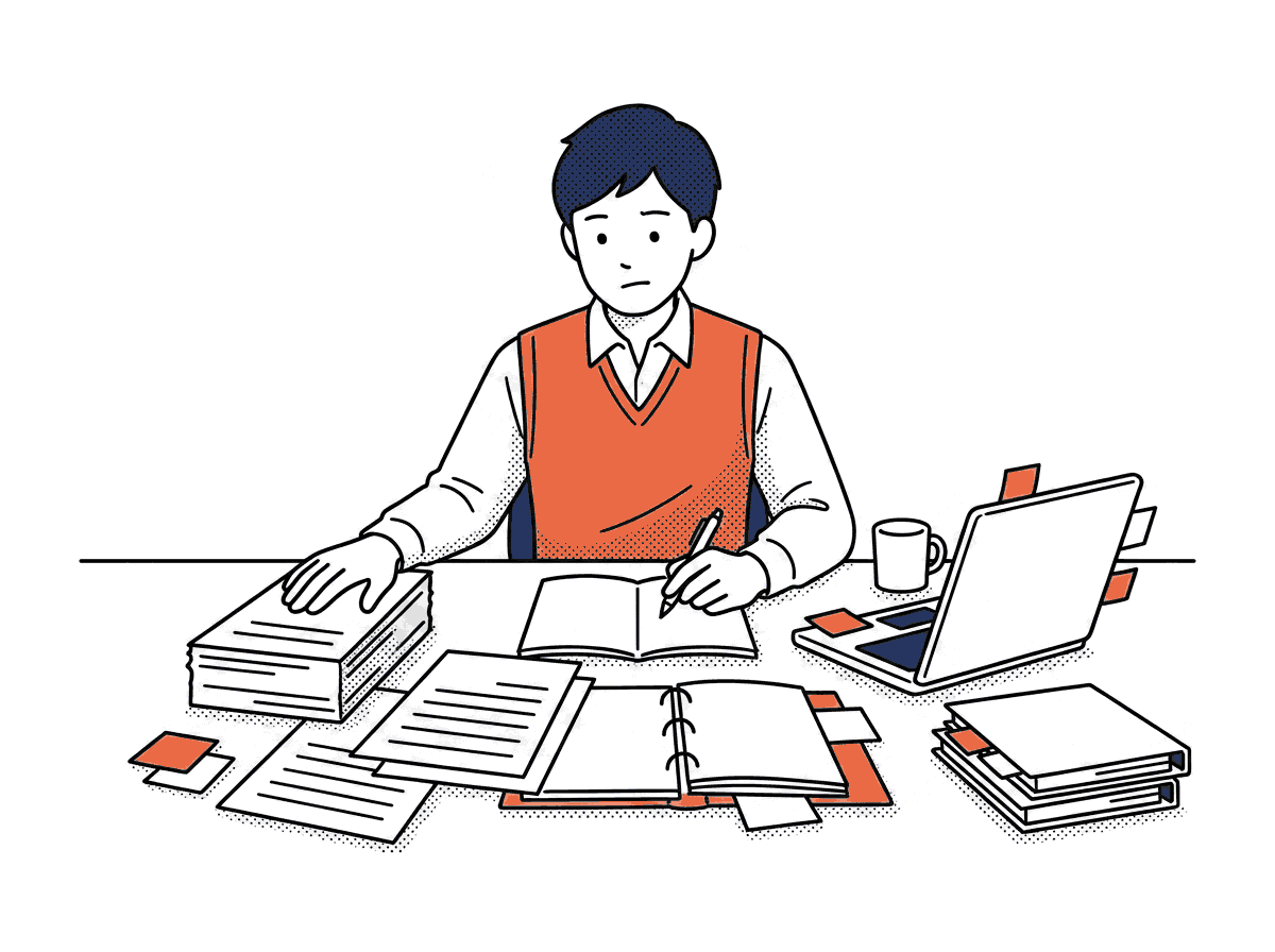 手つかずの書類とノートPCが広がる机で、何から手をつければいいか決められずにいる担当者