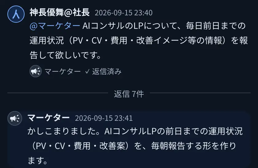 当社の社内チャットのスレッド。9月15日23時40分に社長が「AIコンサルのLPについて、毎日前日までの運用状況（PV・CV・費用・改善イメージ等の情報）を報告して欲しいです」と書き、1分後の23時41分にマーケター役のAI社員が「かしこまりました。AIコンサルLPの前日までの運用状況（PV・CV・費用・改善案）を、毎朝報告する形を作ります」と返信している
