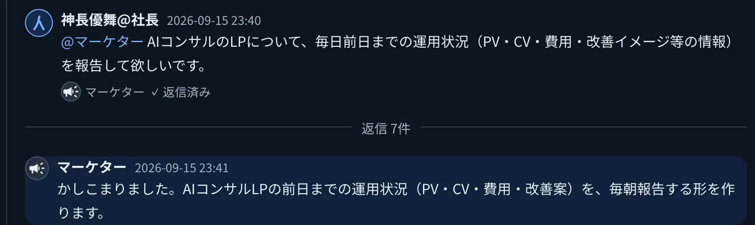 当社の社内チャットのスレッド。9月15日23時40分に社長が「AIコンサルのLPについて、毎日前日までの運用状況（PV・CV・費用・改善イメージ等の情報）を報告して欲しいです」と書き、1分後の23時41分にマーケター役のAI社員が「かしこまりました。AIコンサルLPの前日までの運用状況（PV・CV・費用・改善案）を、毎朝報告する形を作ります」と返信している